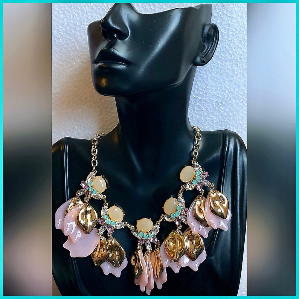 Jessica McClintock Pink and Gold Floral Statement Necklace